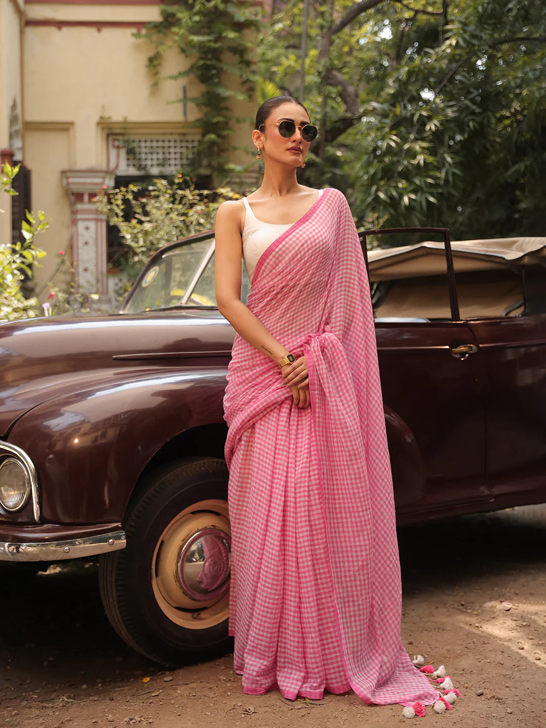 Ila Checked Mul Saree pink