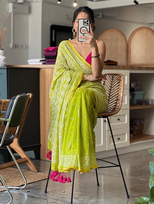 Netra Chikan Saree (Lime)