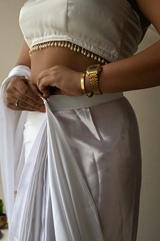 Ivory Satin Saree-Blouse Set