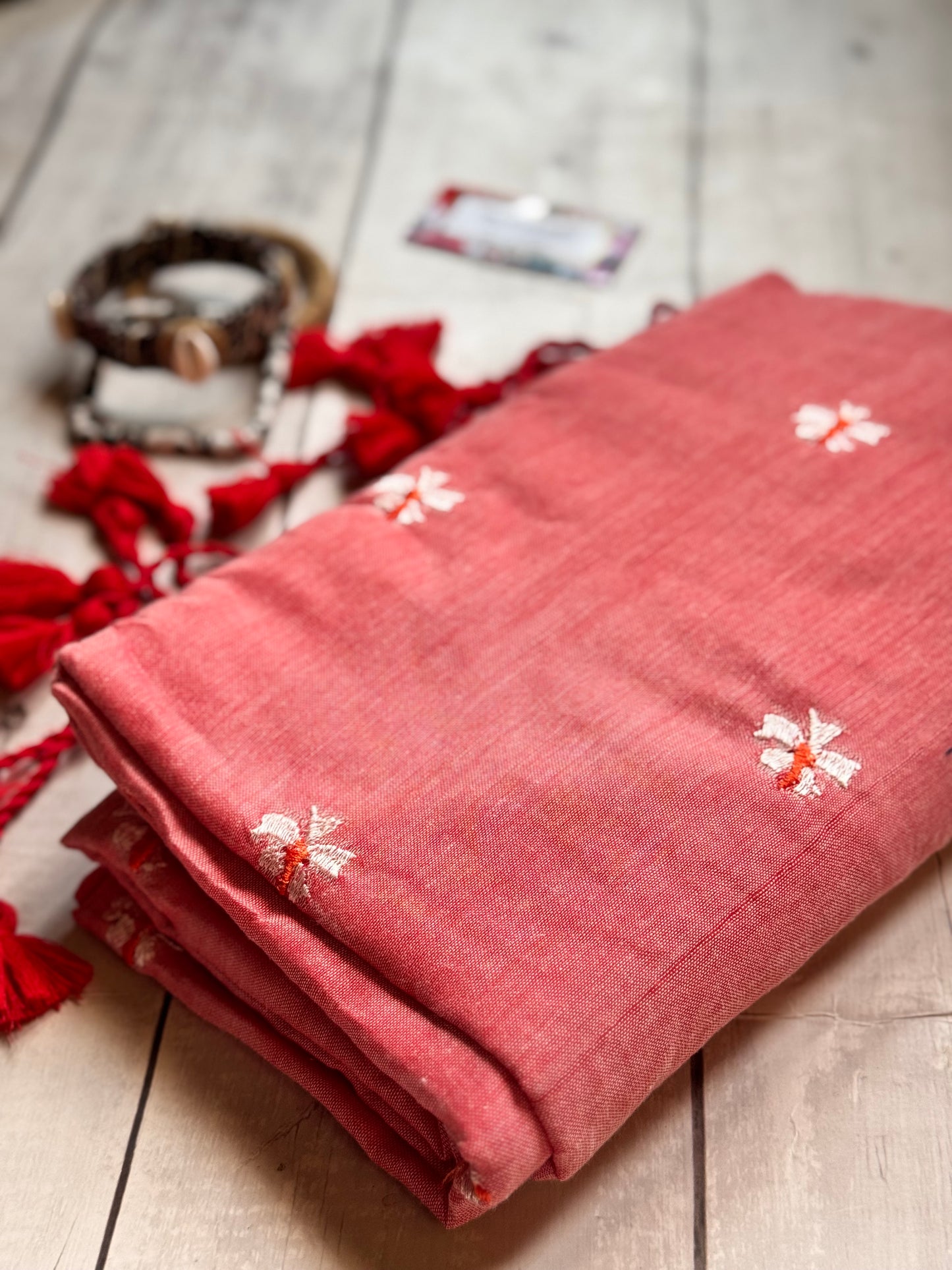 Shiuli peach mul saree