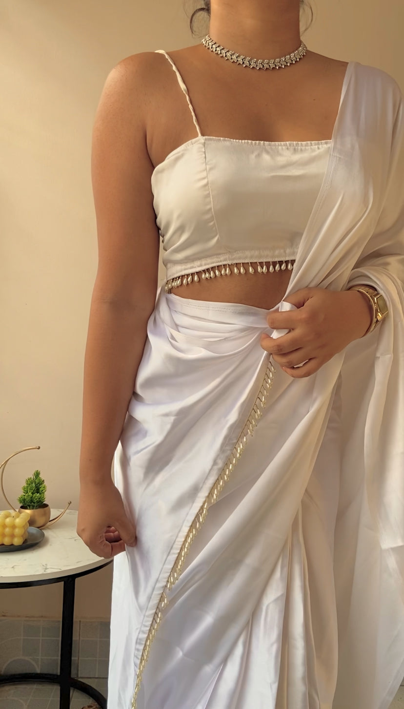 Cinderella White Satin Saree