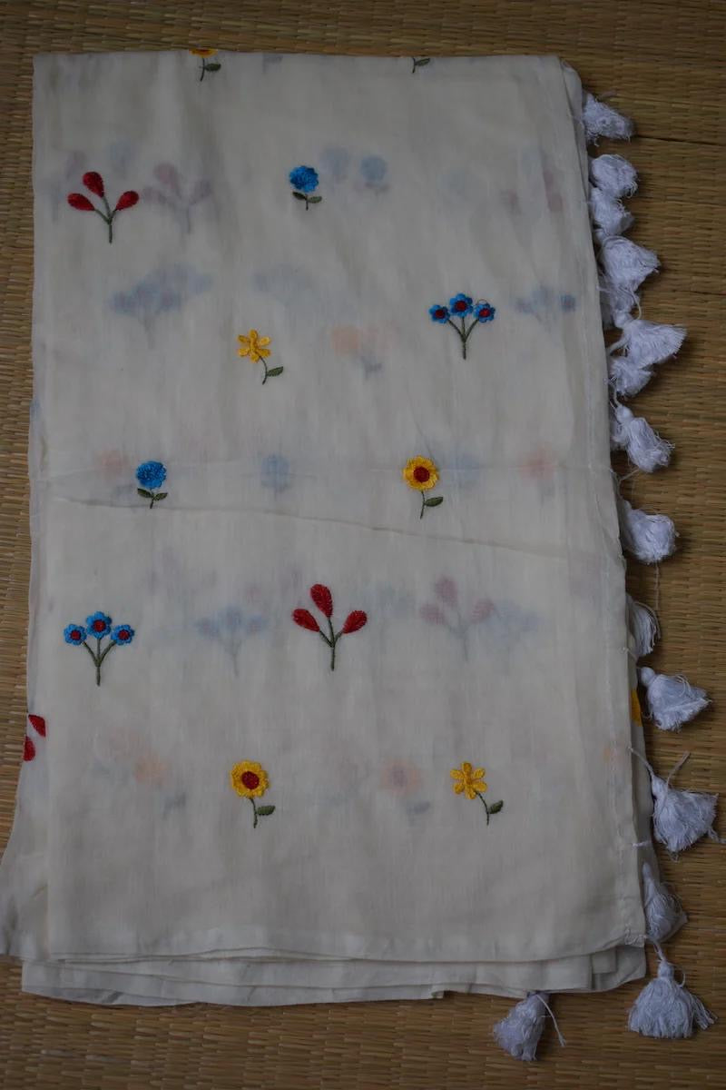 Wildflower White Mul Saree
