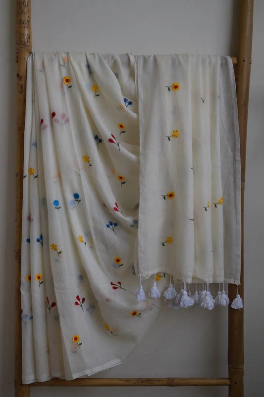 Wildflower White Mul Saree