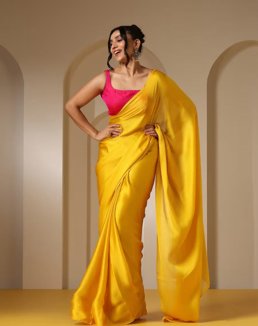 Yellow satin saree