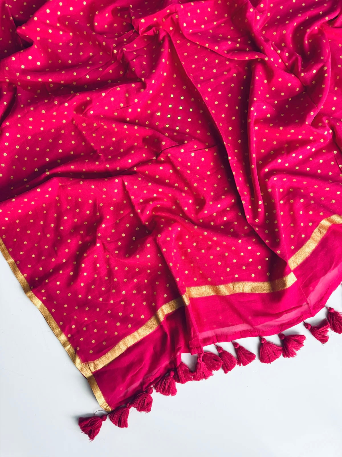 Gold Polka Mul Saree (pink)
