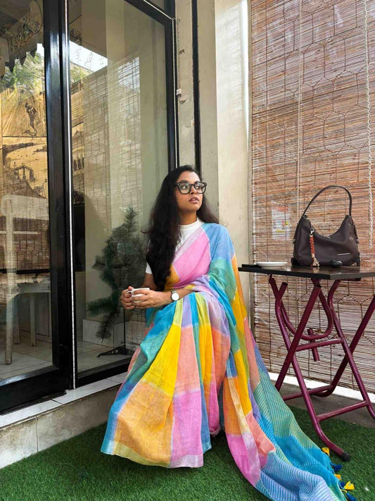 Rang Checked Linen Saree
