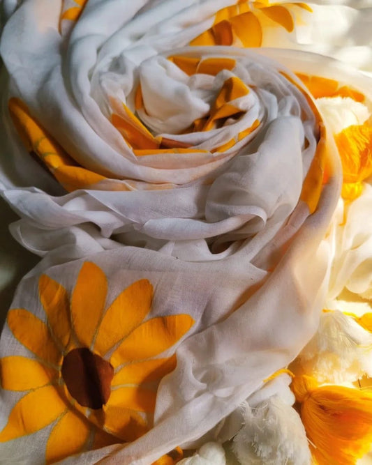 Sunflower White Mul Saree