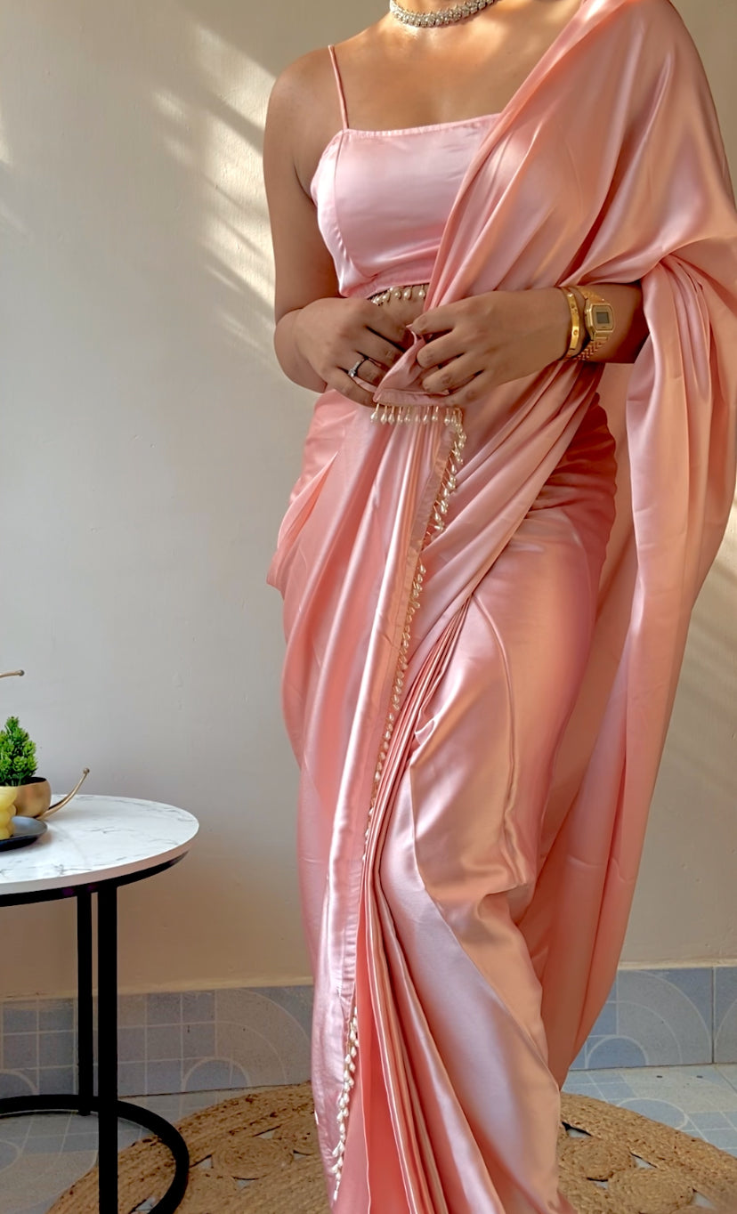 Pastel Peach Satin Saree