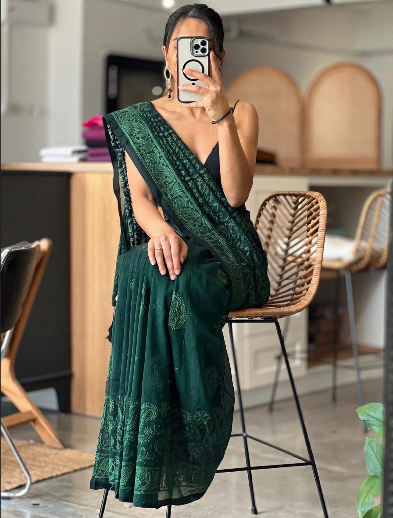 Netra Chikan Saree (dark green)