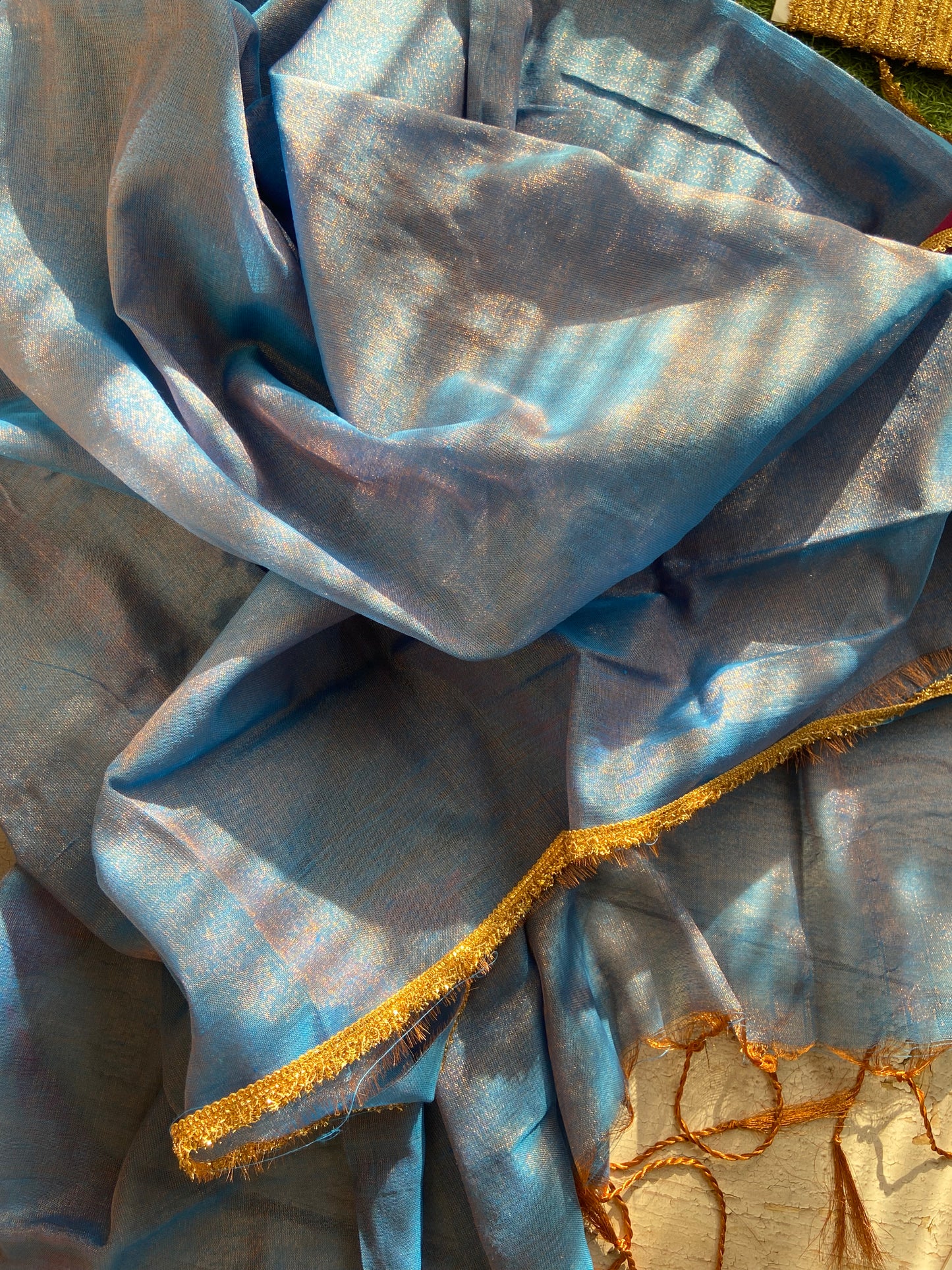 Sunehri Tissue Aasmani Saree