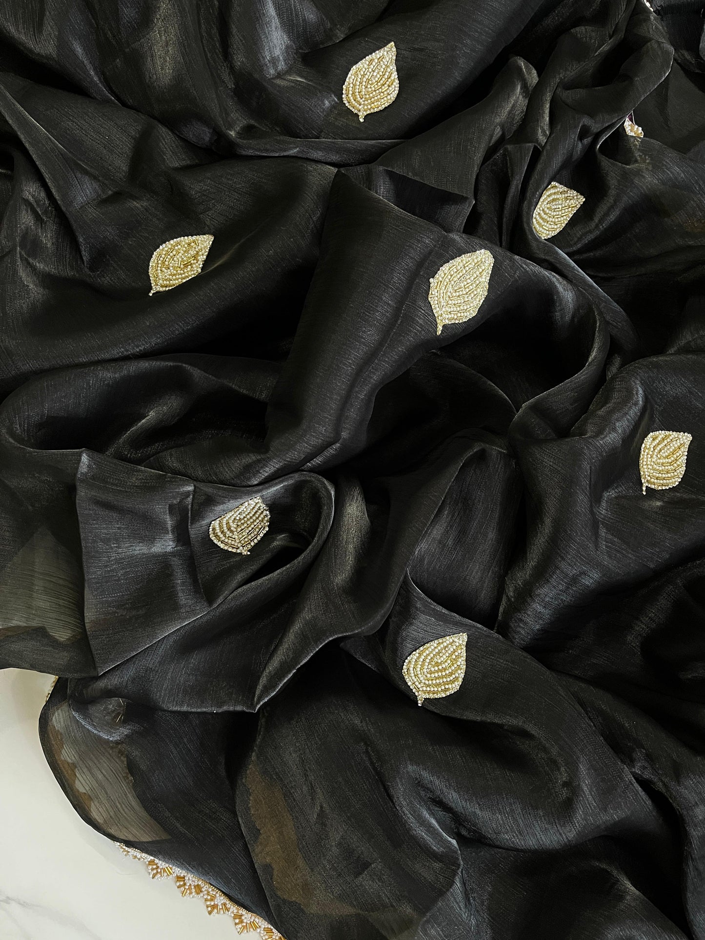 Jarkan Leaf Black Tissue Saree