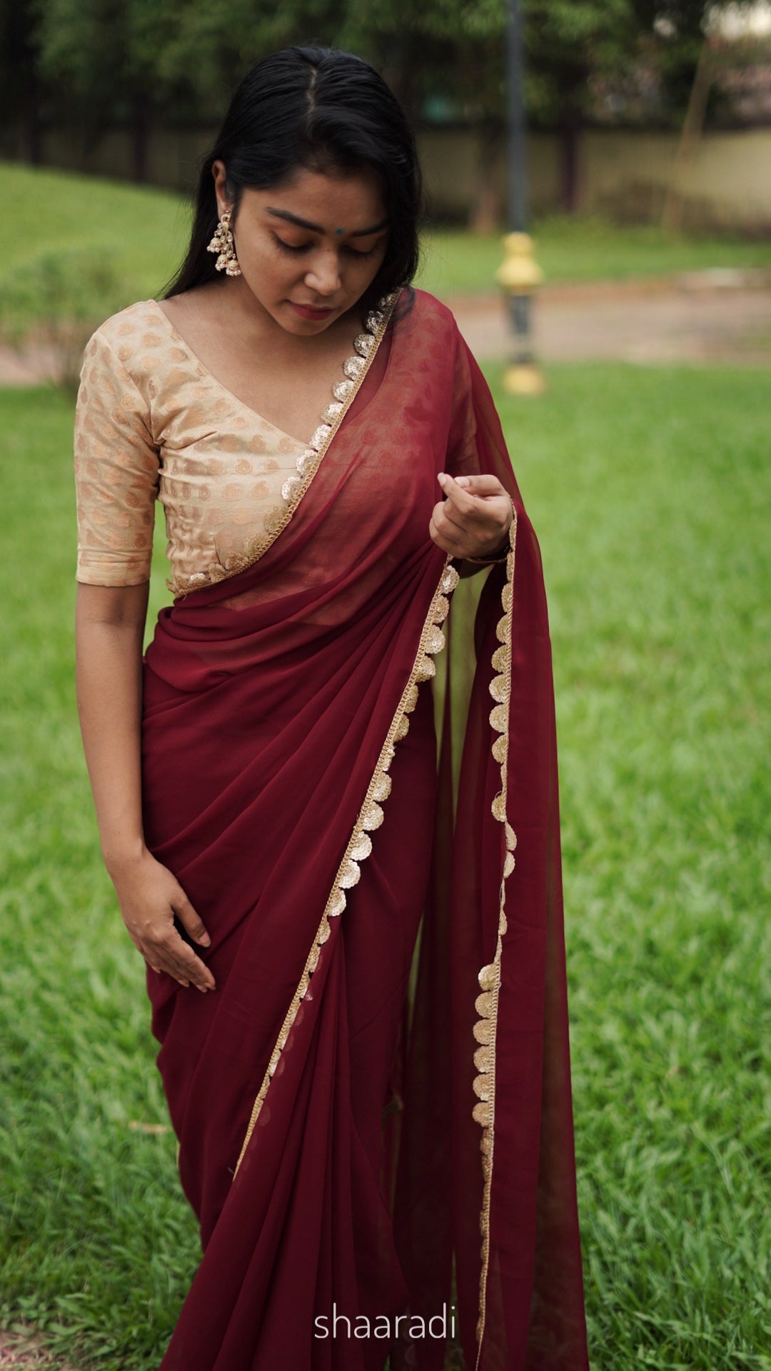 Sequinned Maroon Saree