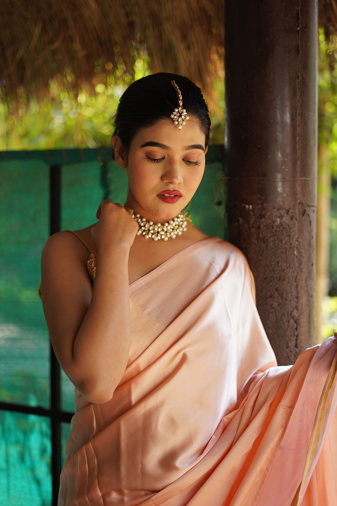 Frilled Peach Satin Saree