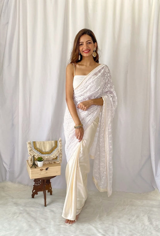White on Ivory Embroidered Saree