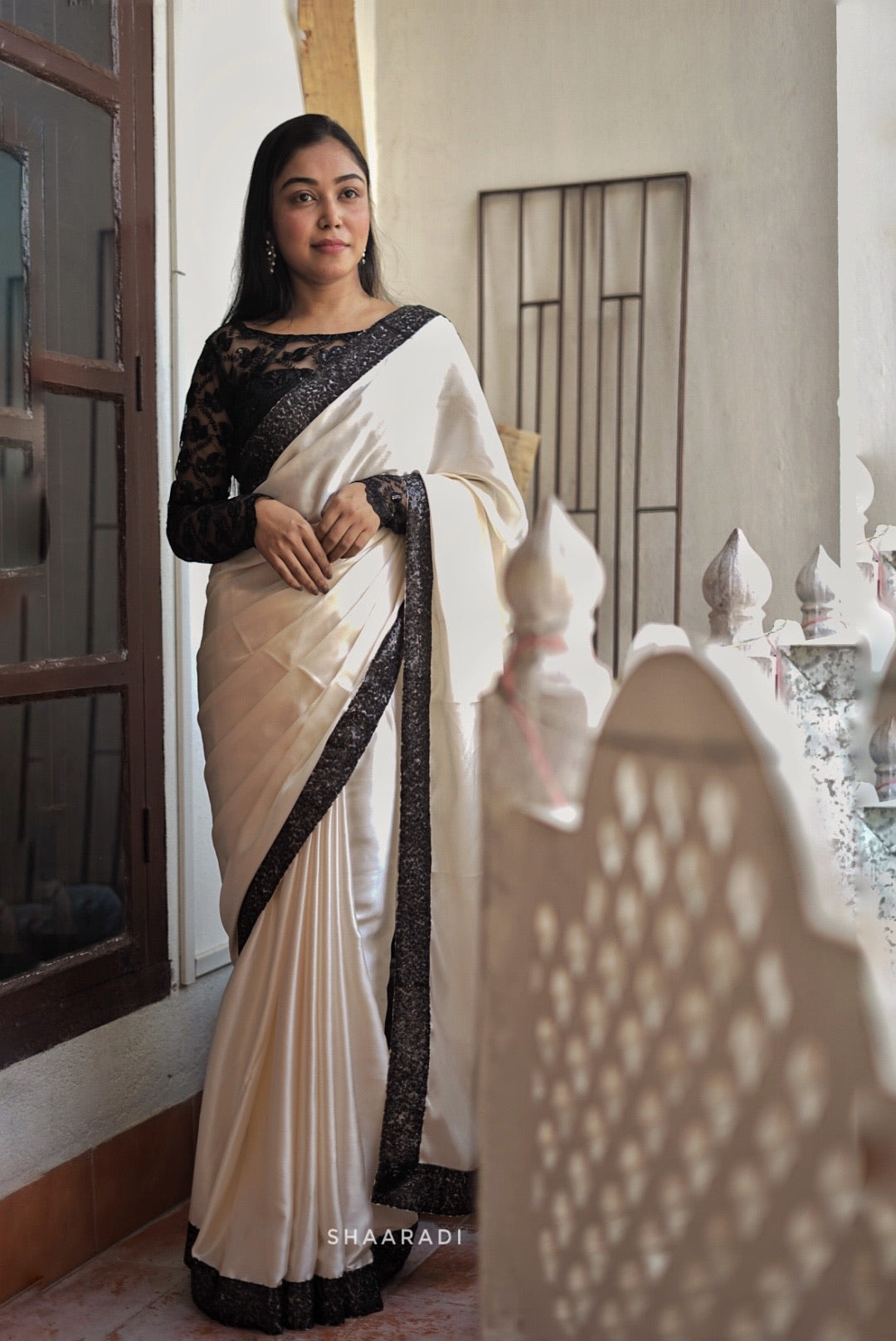 Black & White Satin Saree