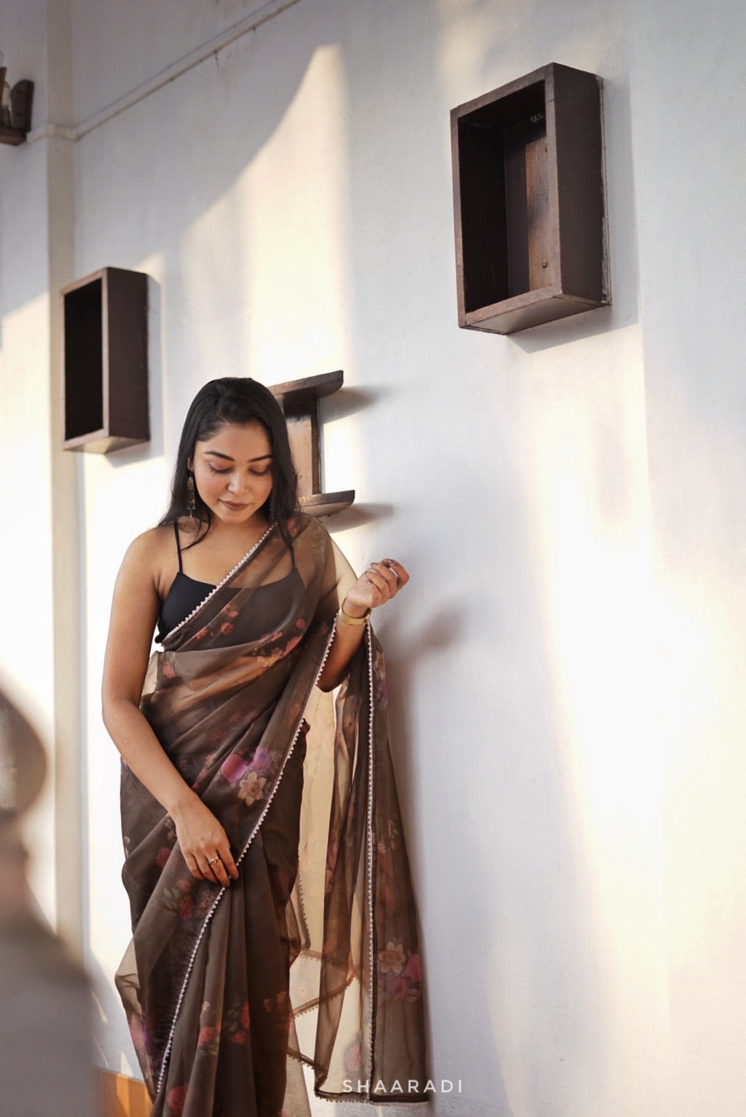 Floral black organza saree