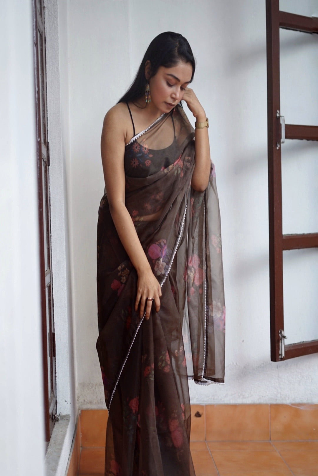 Floral black organza saree