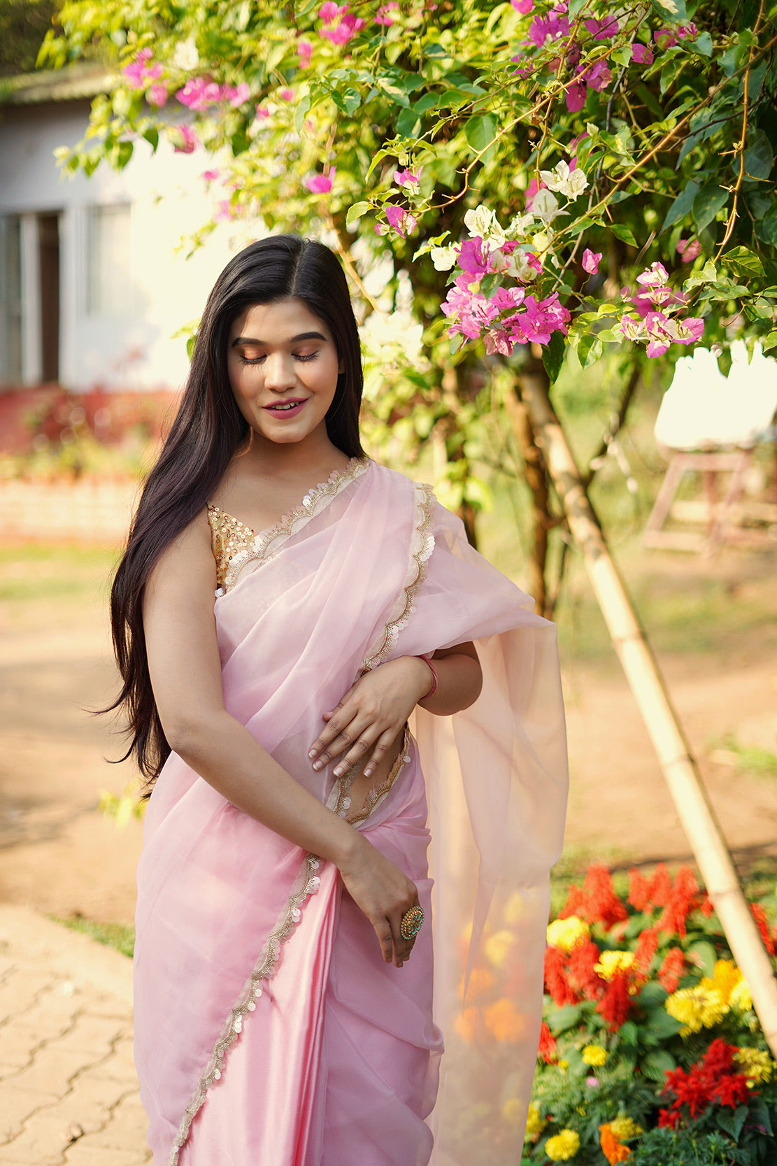 Seher Gulabi Organza Saree