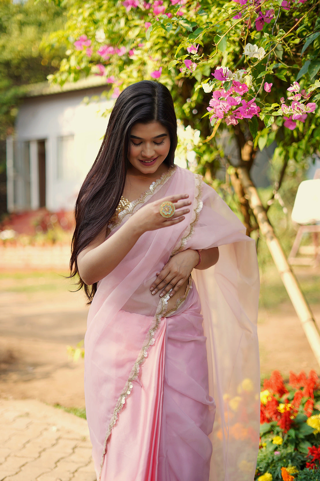 Seher Gulabi Organza Saree