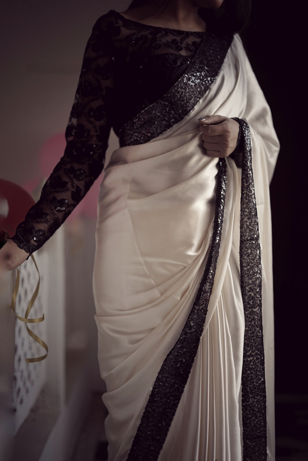Black & White Satin Saree