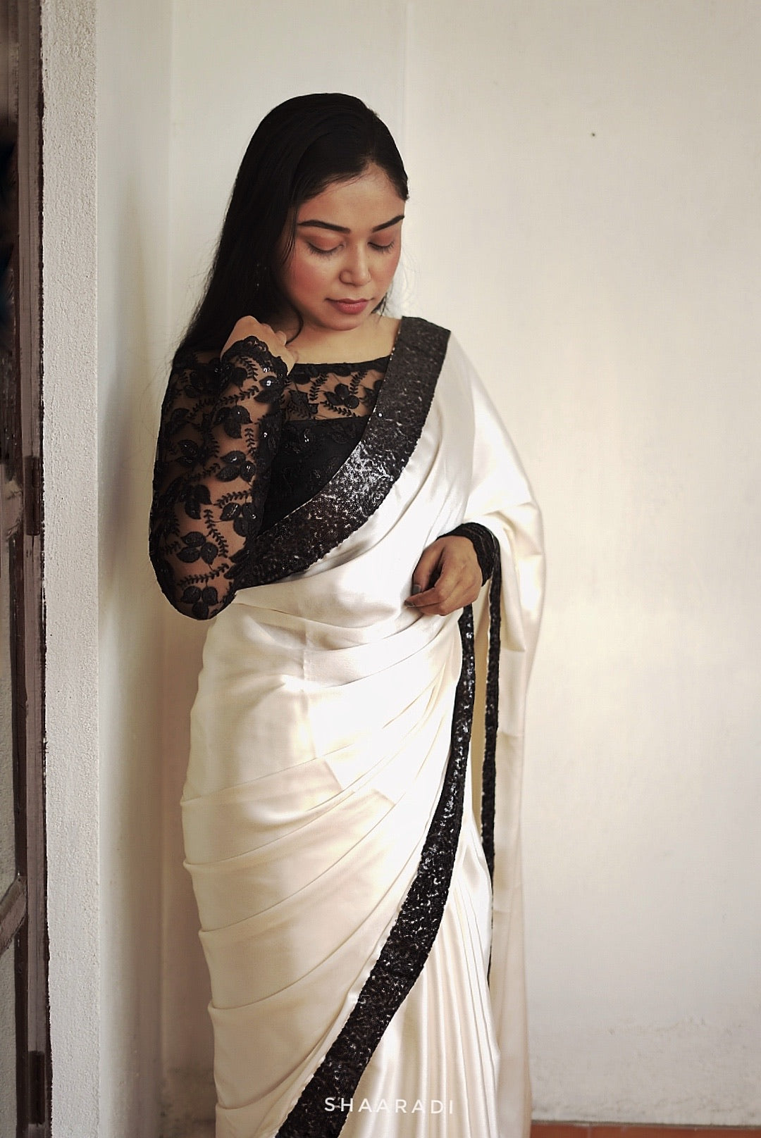 Black & White Satin Saree