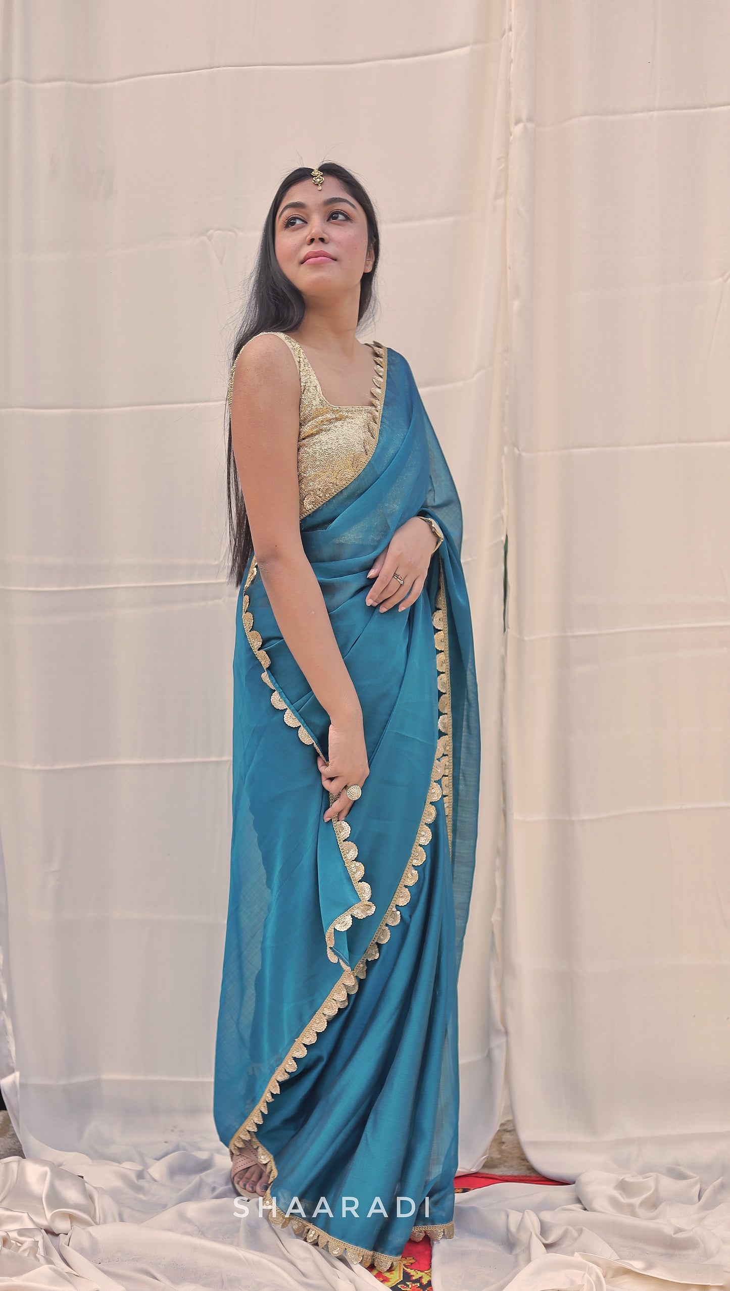 Sequinned Teal Waves Saree