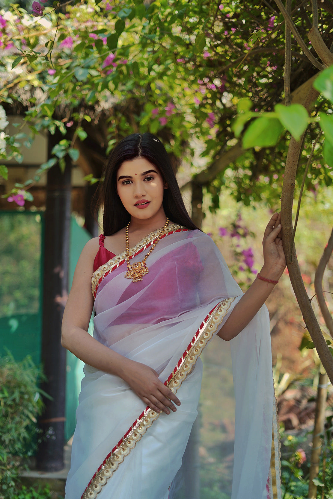 Red on white Organza Saree