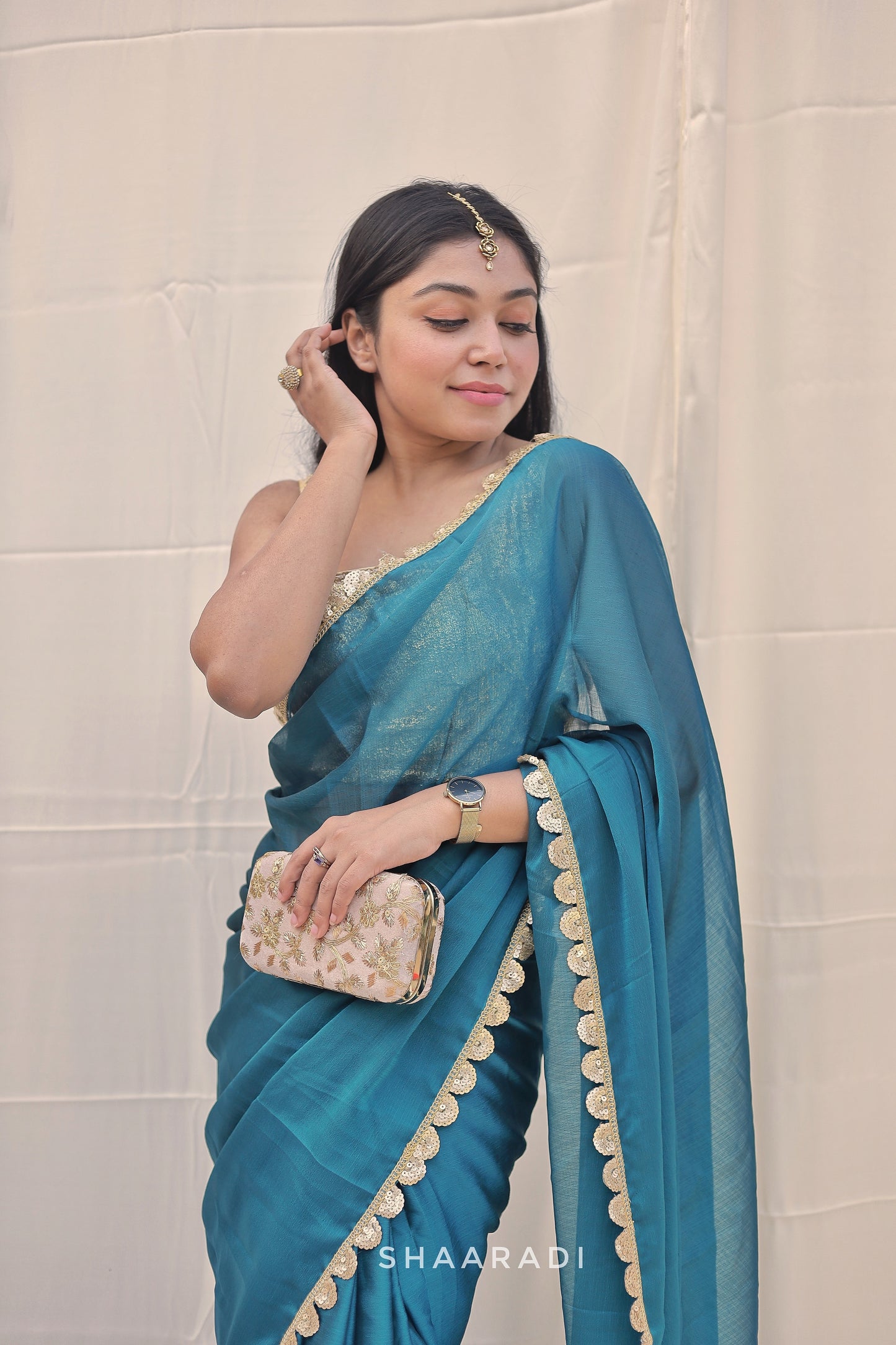 Sequinned Teal Waves Saree
