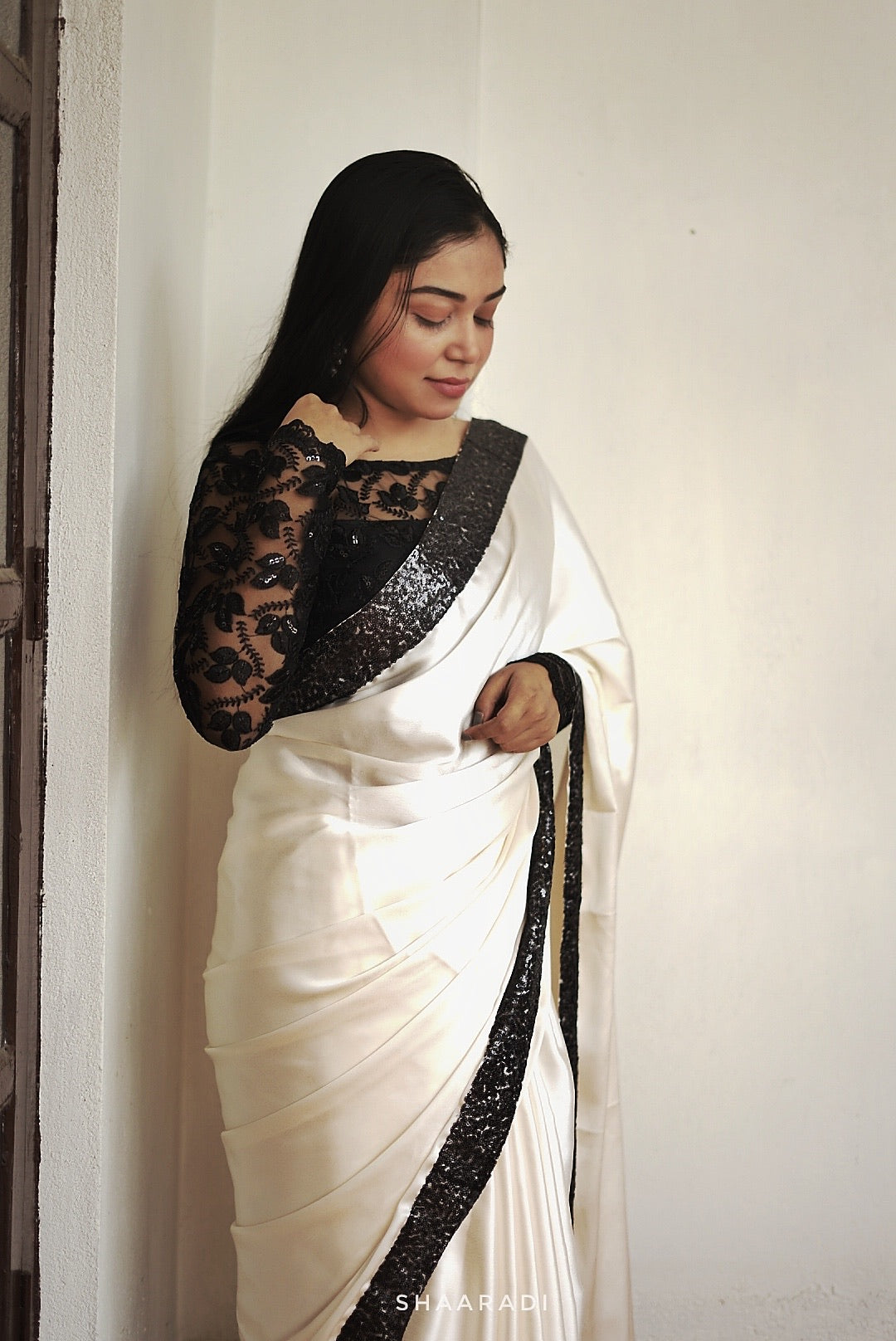 Black & White Satin Saree