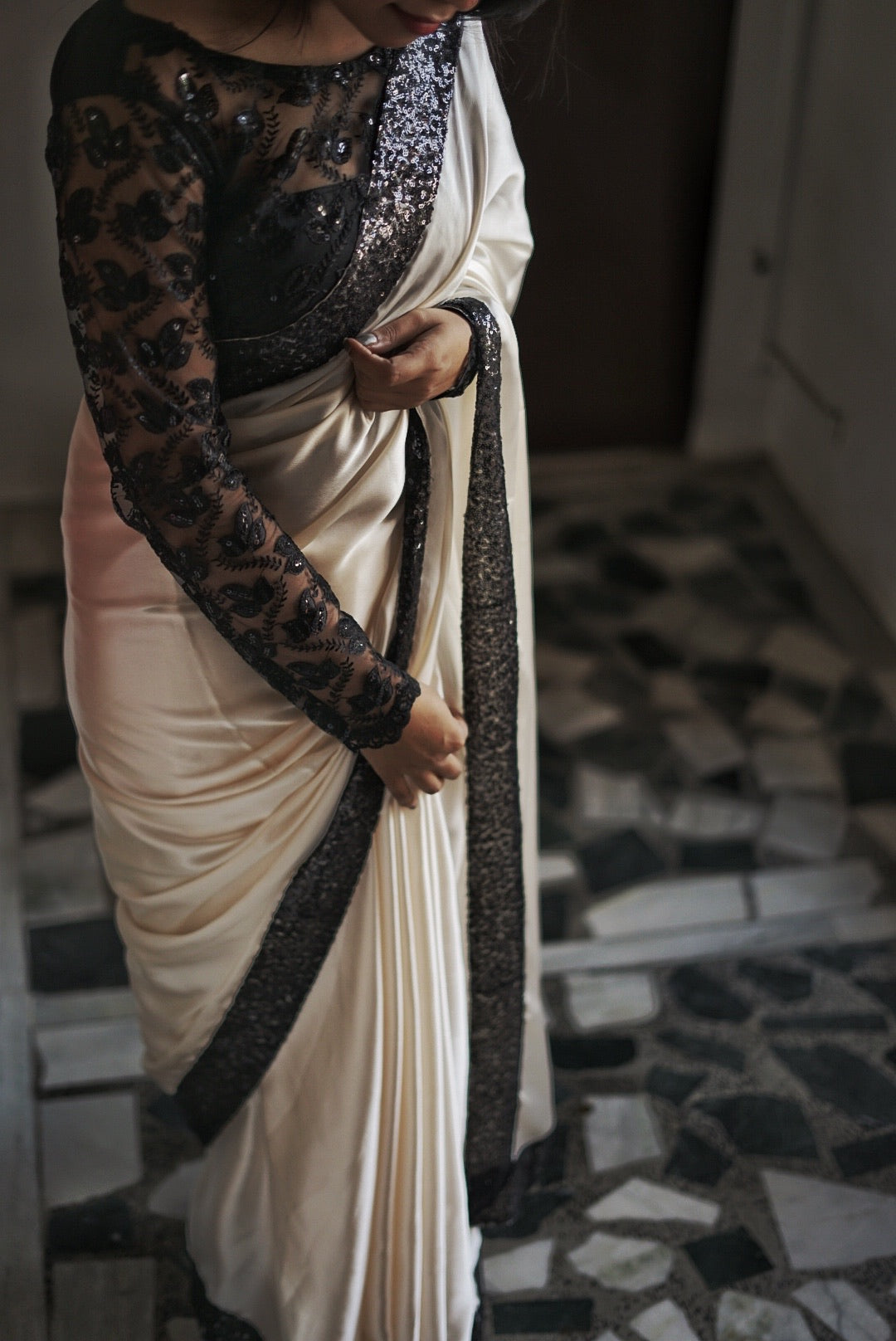 Black & White Satin Saree