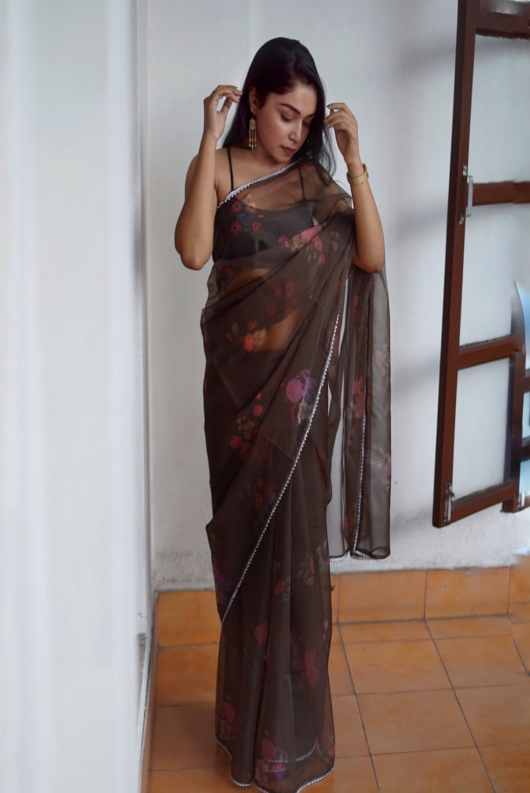 Floral black organza saree