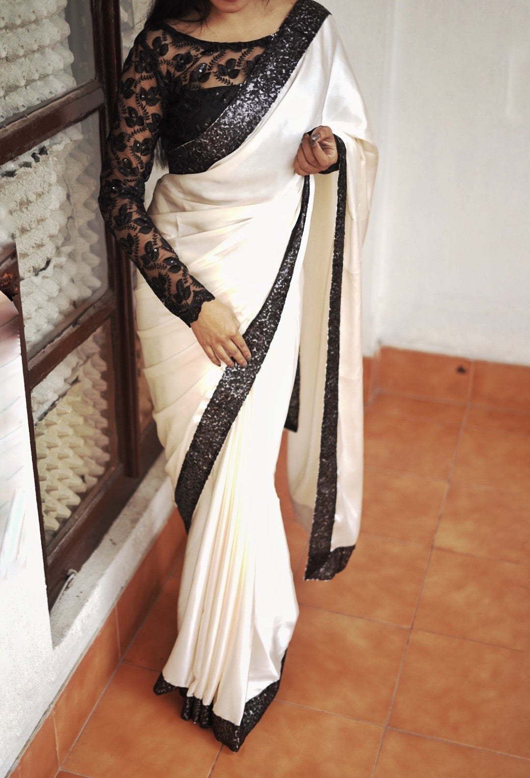 Black & White Satin Saree