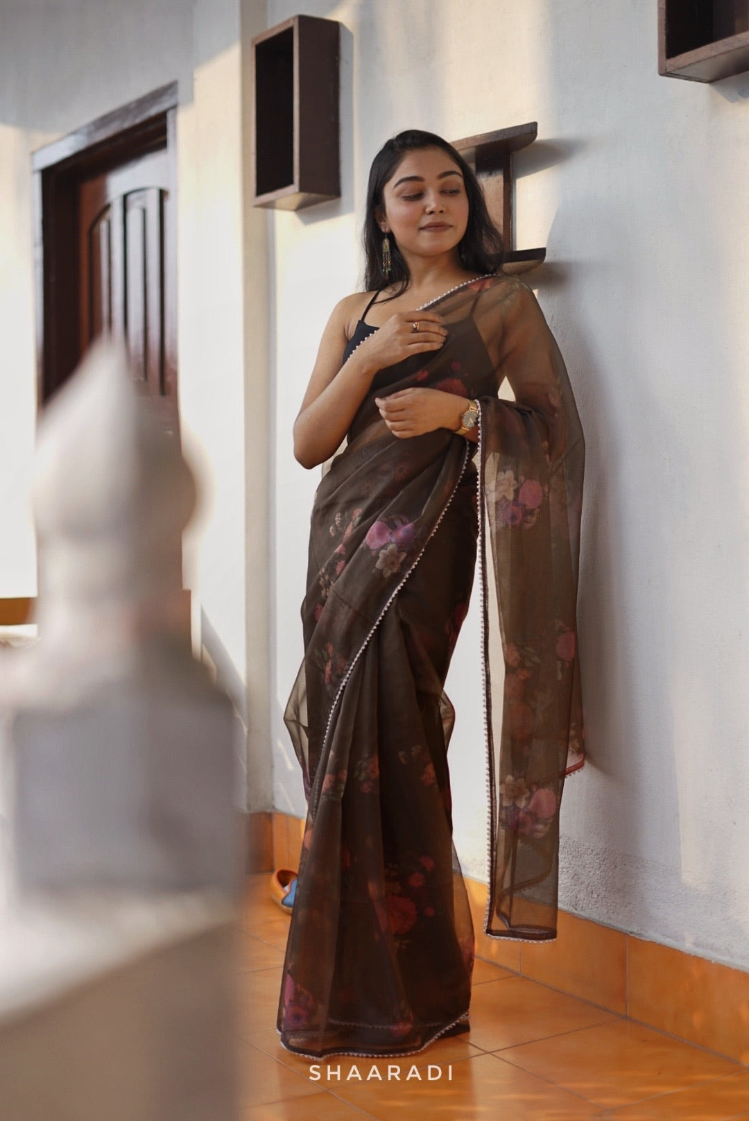 Floral black organza saree