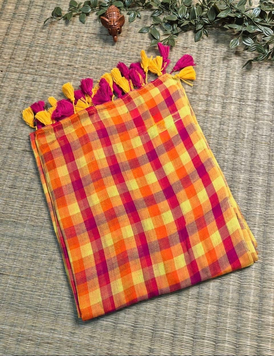 Ila Checked Mul Saree (orange)