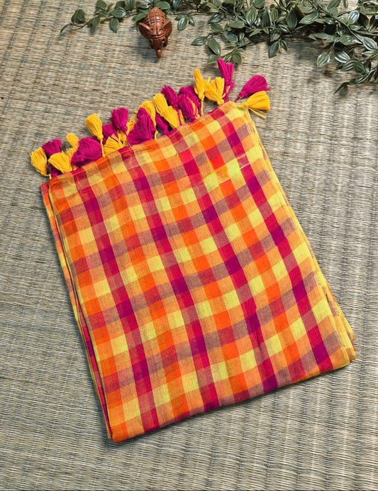 Ila Checked Mul Saree (orange)