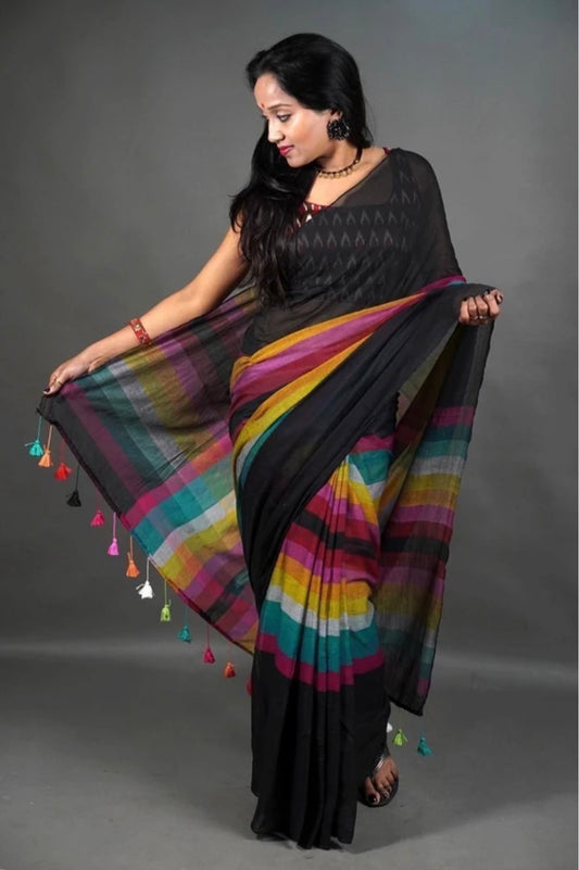 Shaila Checked Black Saree
