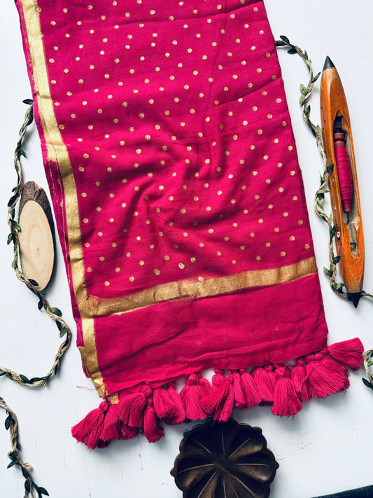 Gold Polka Mul Saree (pink)