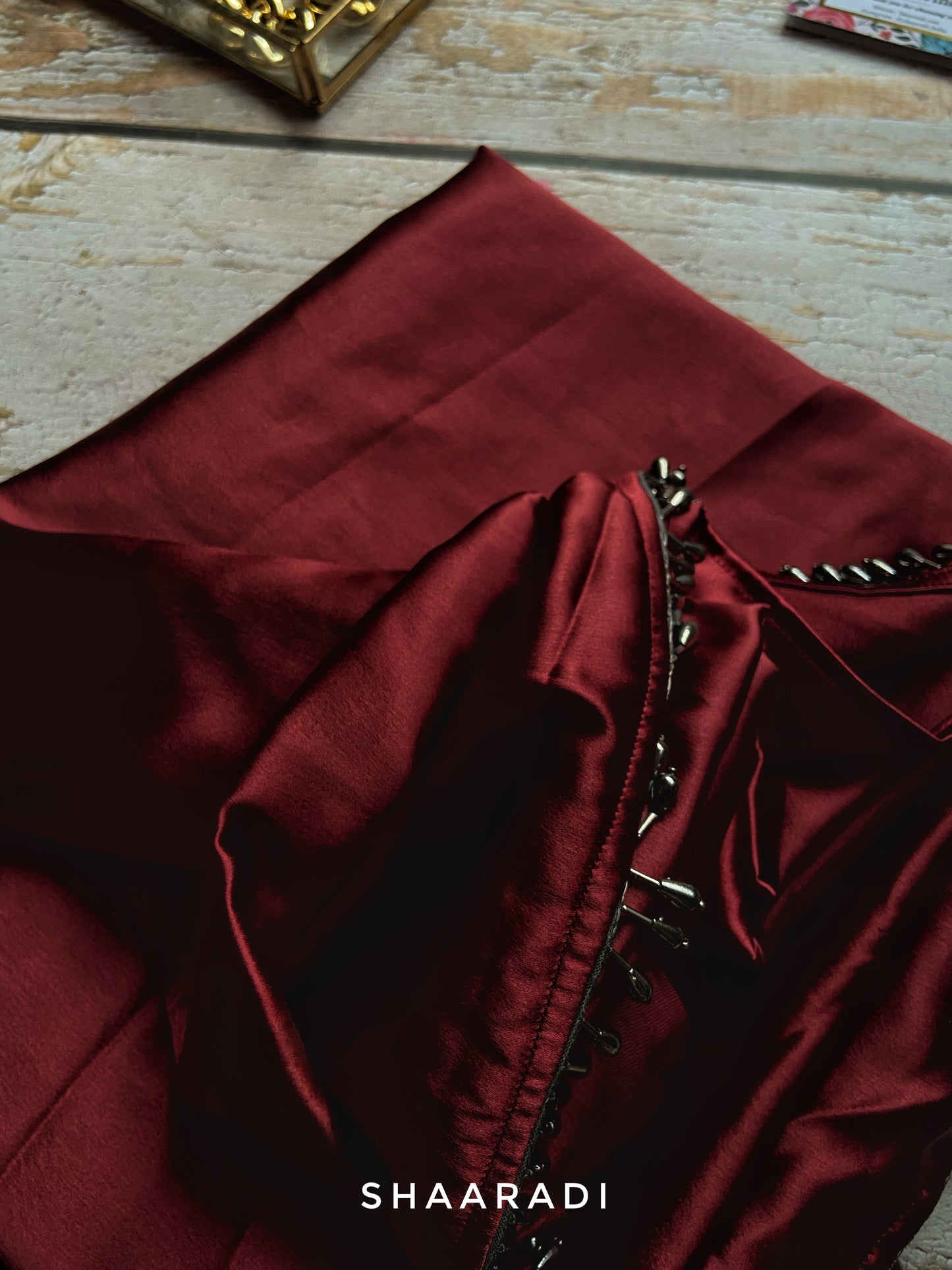 Wine red satin saree