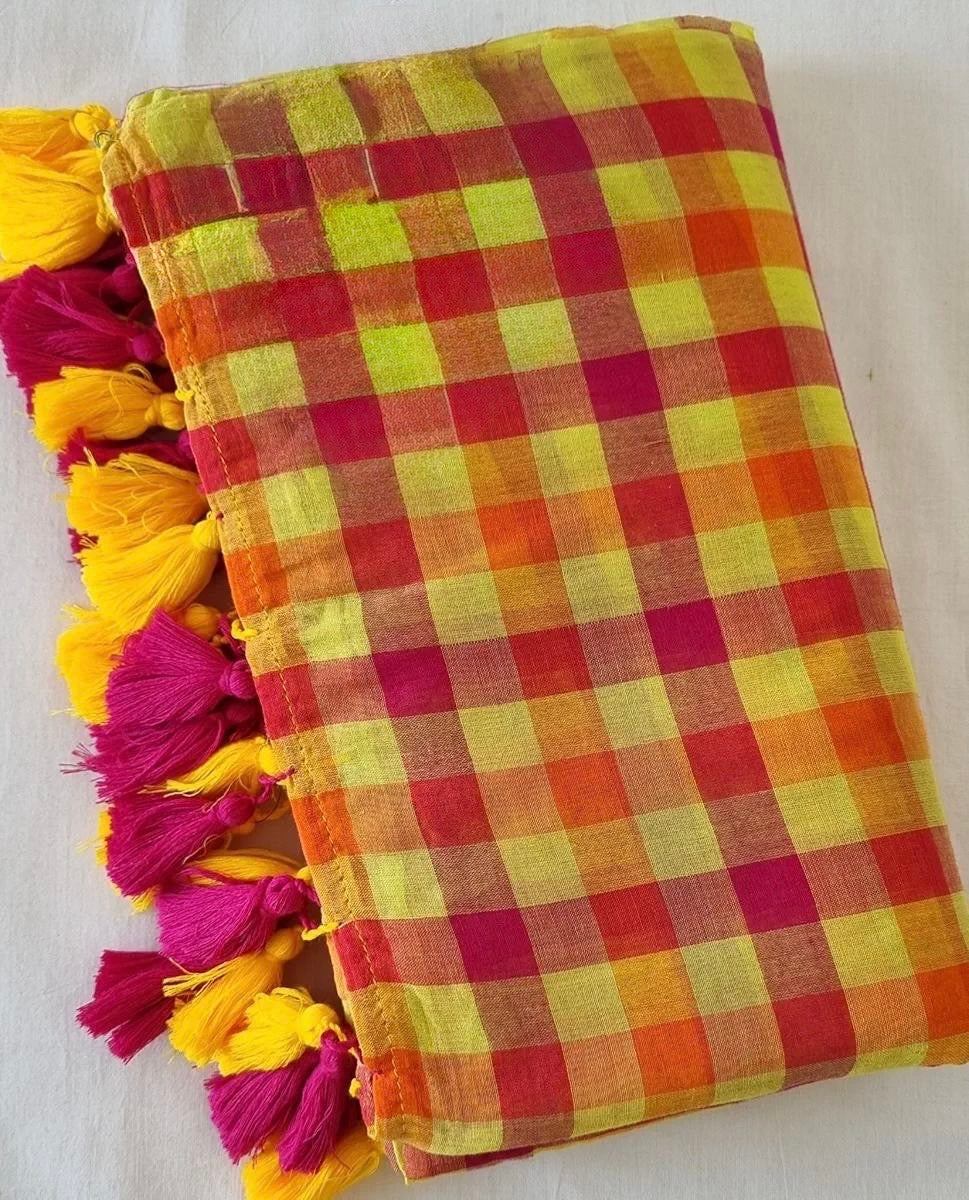 Ila Checked Mul Saree (orange)