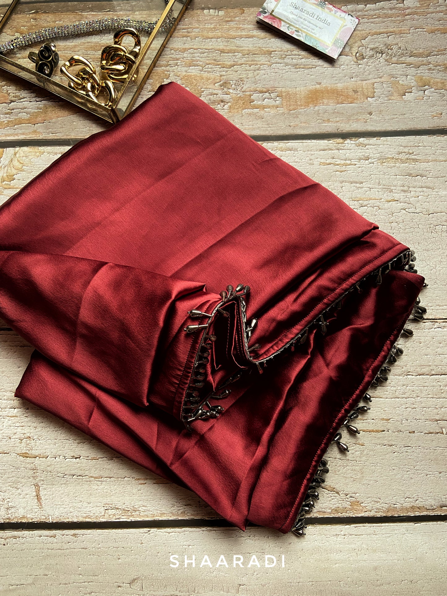 Wine red satin saree