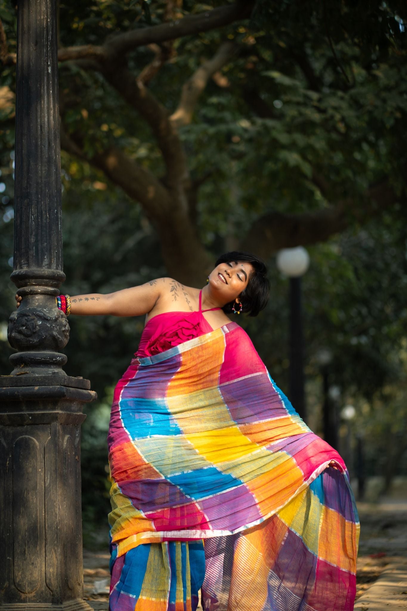 Satrangi Checked Linen Saree