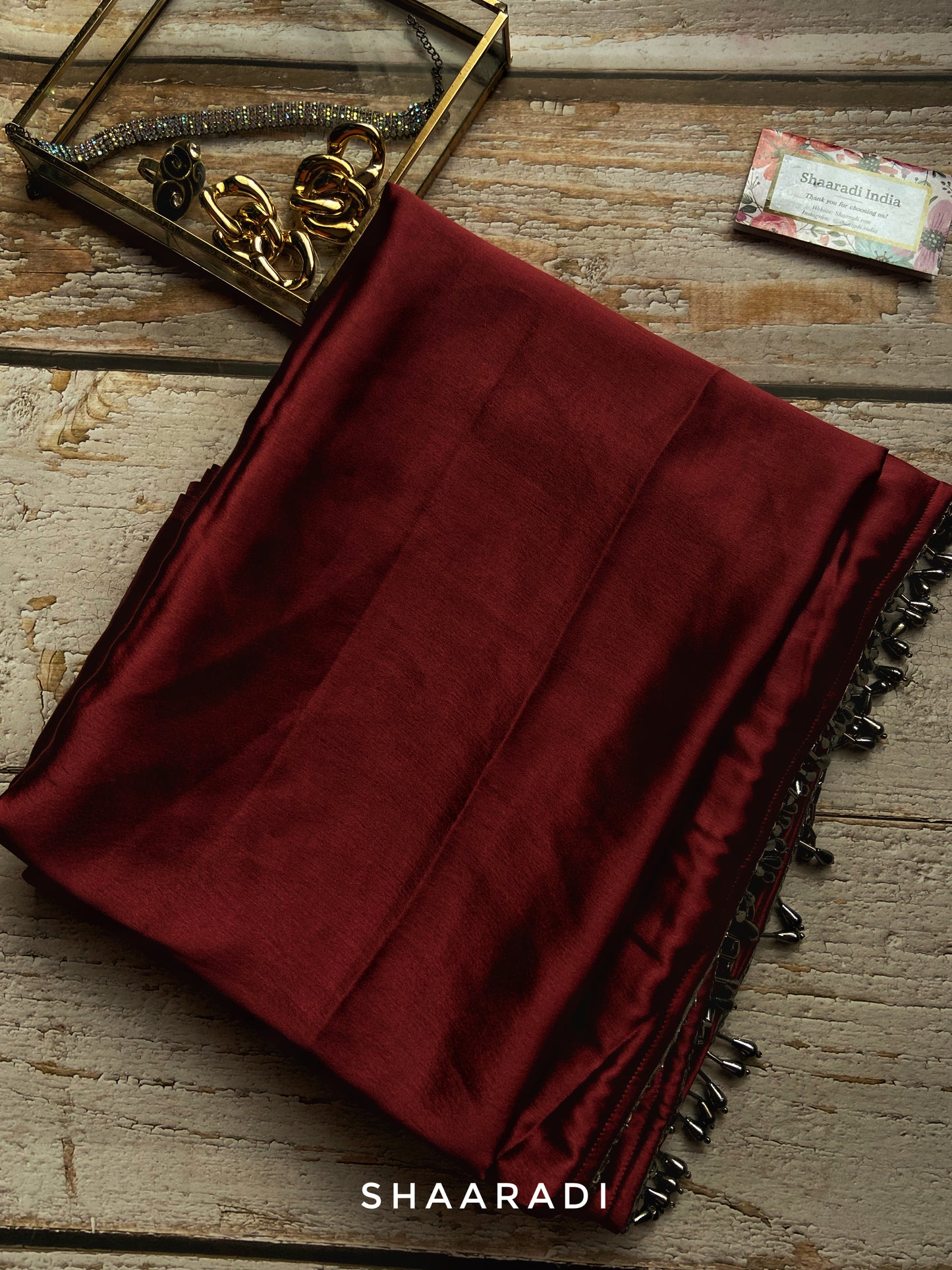 Wine red satin saree