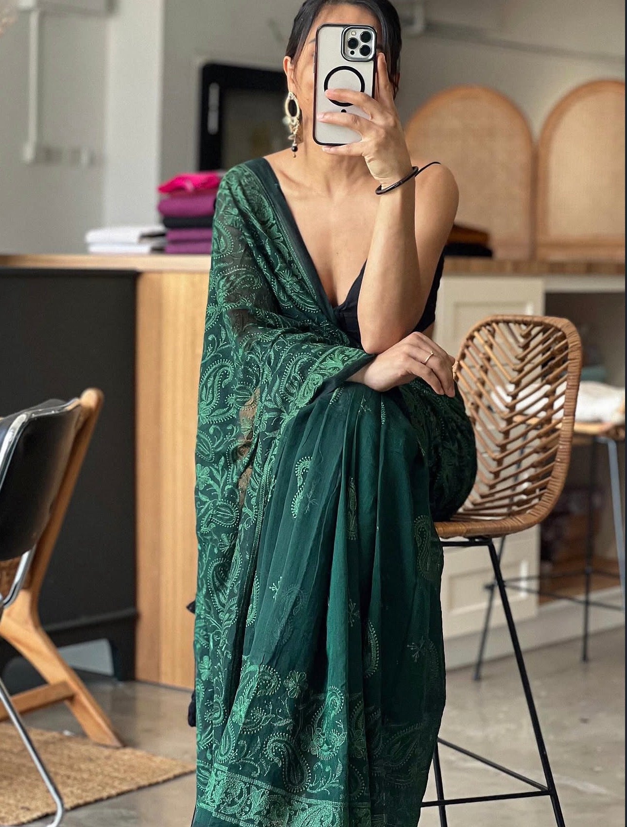 Netra Chikan Saree (dark green)