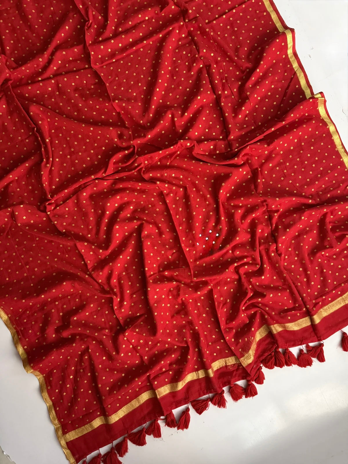 Gold Polka Mul Saree (red)