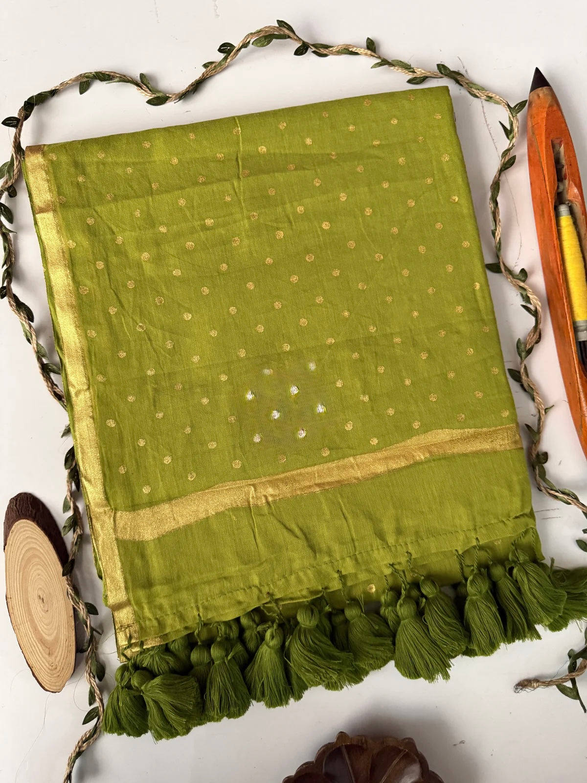 Gold Polka Mul Saree (Lime)