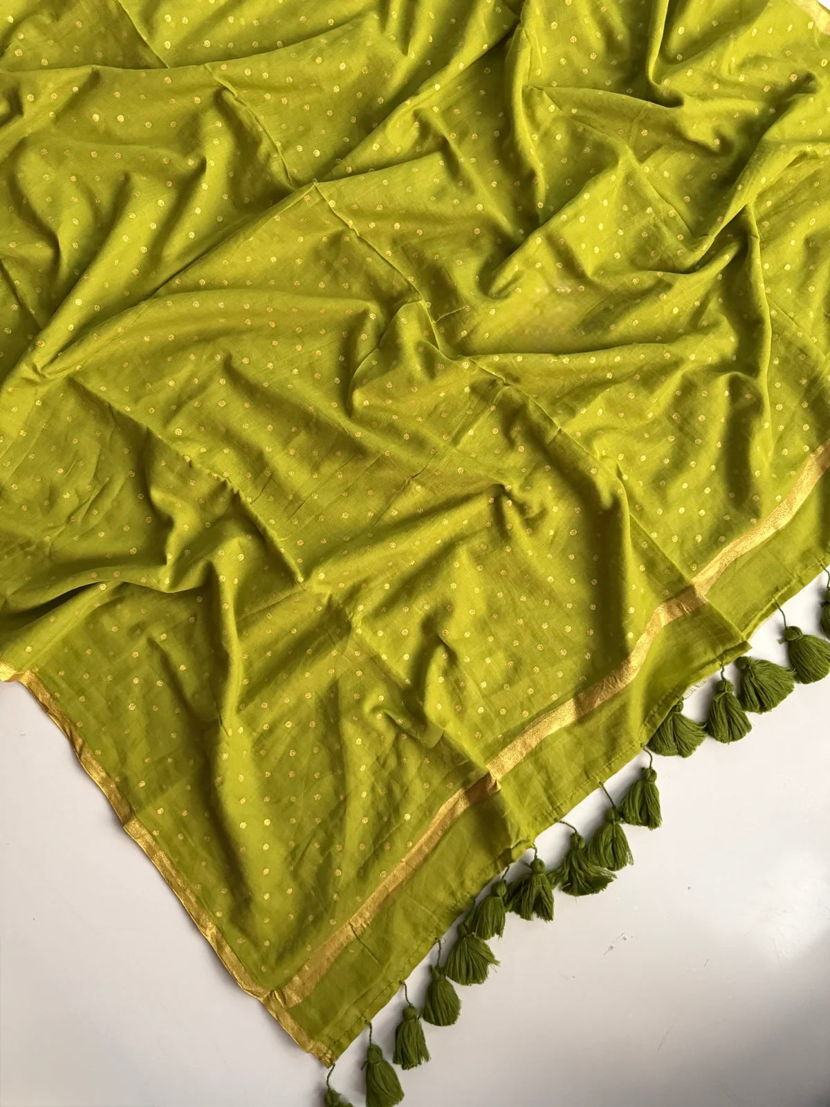 Gold Polka Mul Saree (Lime)
