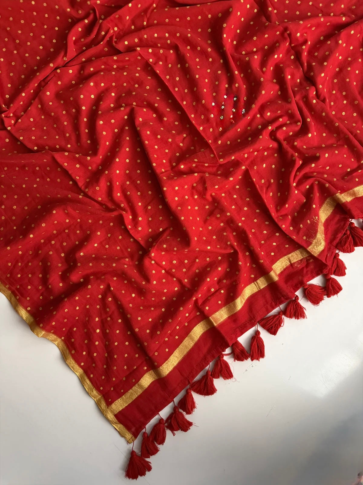 Gold Polka Mul Saree (red)