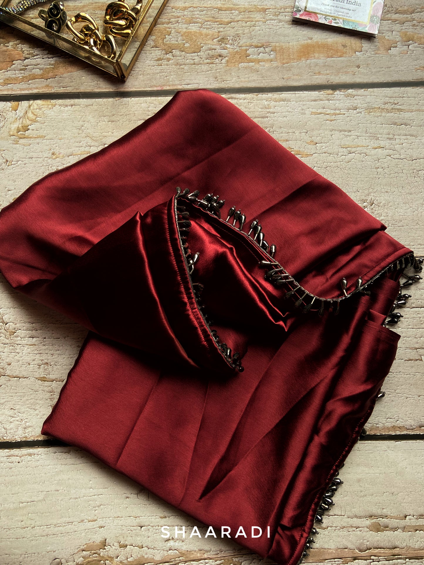 Wine red satin saree