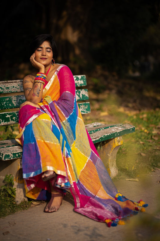 Satrangi Checked Linen Saree