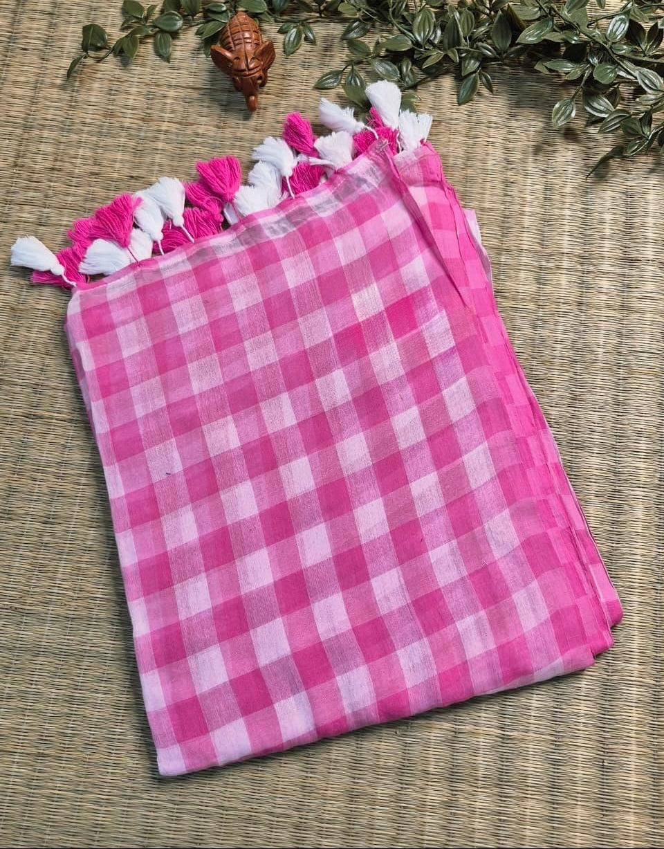Ila Checked Mul Saree pink